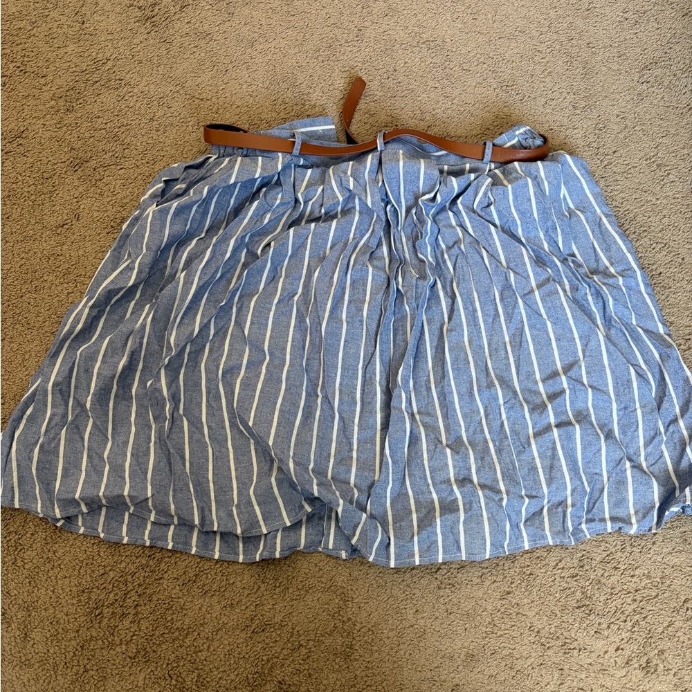 ModCloth Blue and White Striped Skirt with Brown Belt